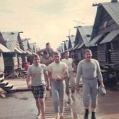 Some of the MABS-11 "Devil Dogs" flag football team. Left to right: Joe Bunk, Ceasar Foshi with Larry Womble on his back, Gary, Rocky Burks, and Dan Chronister. Taken November 1968. Photo courtesy of George Williams. 